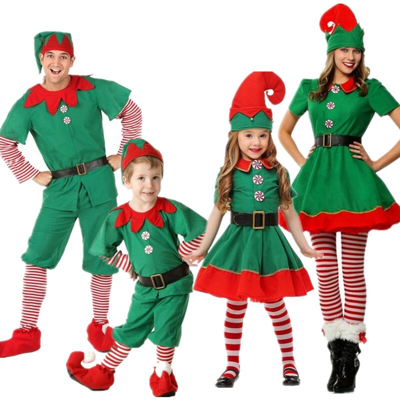 Kerstman Kostuum Mannen Vrouwen Meisjes Jongens Kerst Kleding Groene Elf Cosplay Familie Kerstmis Nieuwjaar Fancy Dress Kleding Set