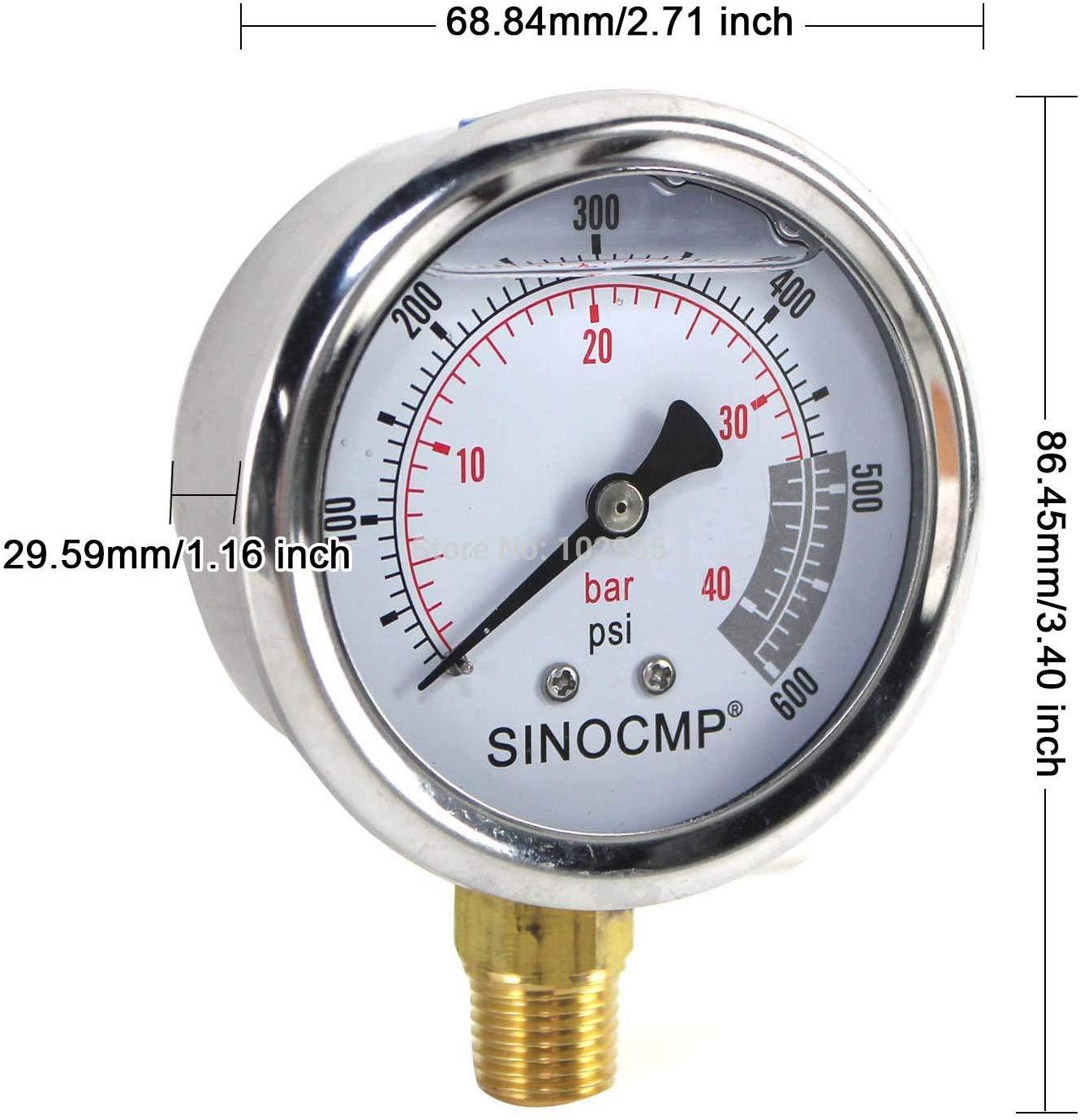 Hydraulic Pressure Gauge 4Mpa/0-40Bar/0-600PSI Economical Multi Purpose Double Scale Stainless Steel Glycerin Filled Gauge