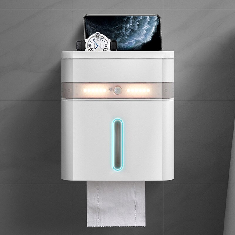 Waterproof Wall Mounted Toilet Roll Holders with Led Sensor Lights Bathroom Tissue Paper Box Rack Toilet Tissue Paper