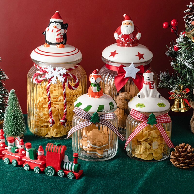 Christmas Glass Storage Jars with Cute Ceramic Lid Airtight Candy Nuts Storage Container Sealed Canisters Pantry Food Organizer