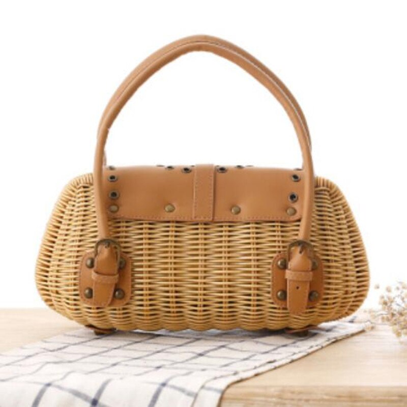 Ins handbags women bamboo top handle bags female causal totes small hollow summer beach bags for ladies and girls wood