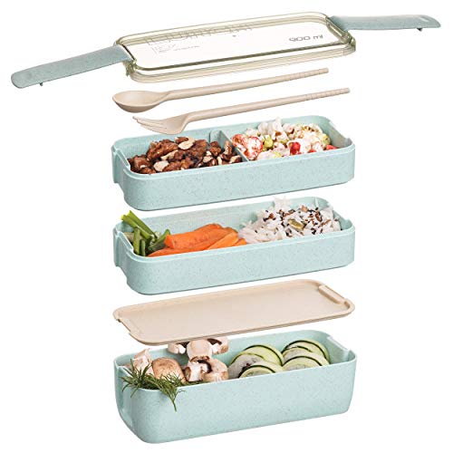 Hvedehalm japansk 3 -lags madkasse til børn sundt materiale bento-kasser mikroovn madkassesæt beholder madkasse: Grøn