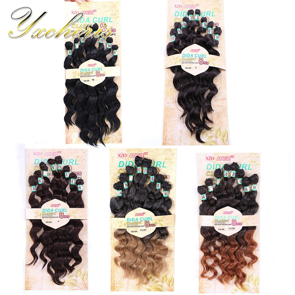 YxCheris 8Pcs/pack Synthetic Body Wave Hair Bundles 14" 16" 18" 20" Ombre Black Blond Double Weft Hair Weave Extensions