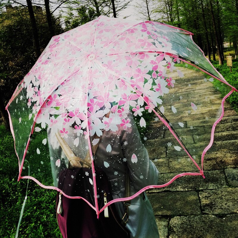 Fortykning gennemsigtig tre gange regn paraply japansk kirsebærblomst plast pvc klar falbala paraplyer kvinder parapluie: Lyserød