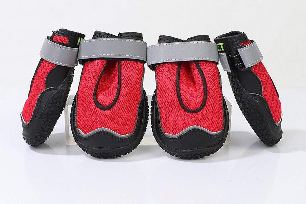 4PCS Red Dog Shoes Anti-slip soft Reflective Straps Four seasons shoes Suitable for small and large dogs Breathable Net shoes