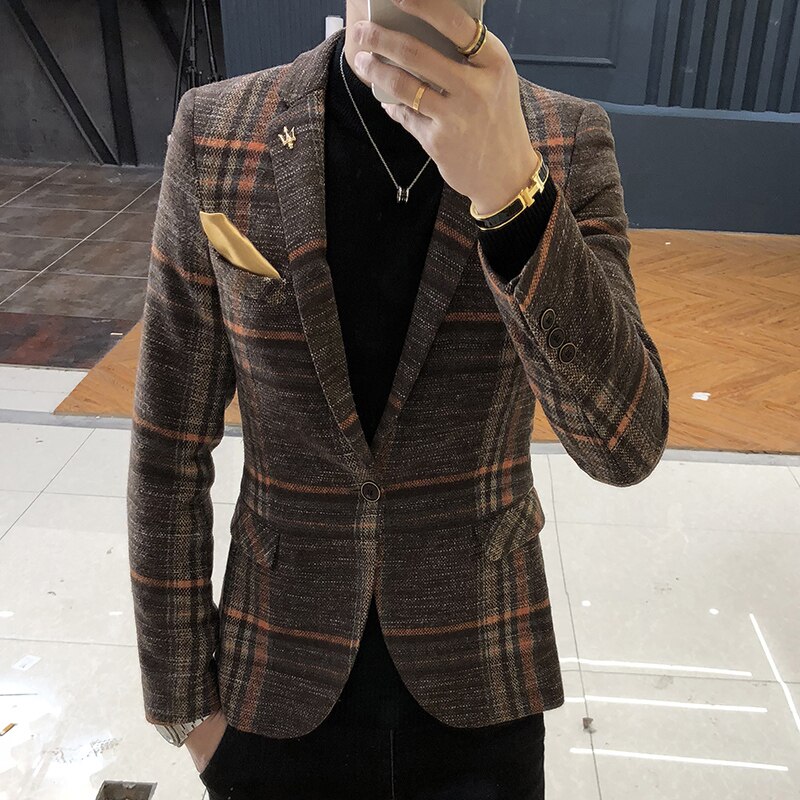 Brand clothing Men's business suit/Male slim fit plaid Leisure Blazers/Man plaid Jackets Plus size S-3XL