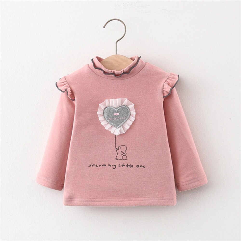 2020 outono inverno meninas crianças camiseta veludo coração babados manga longa crianças bebê infantil topos básico t s11567: Pink / 12 m