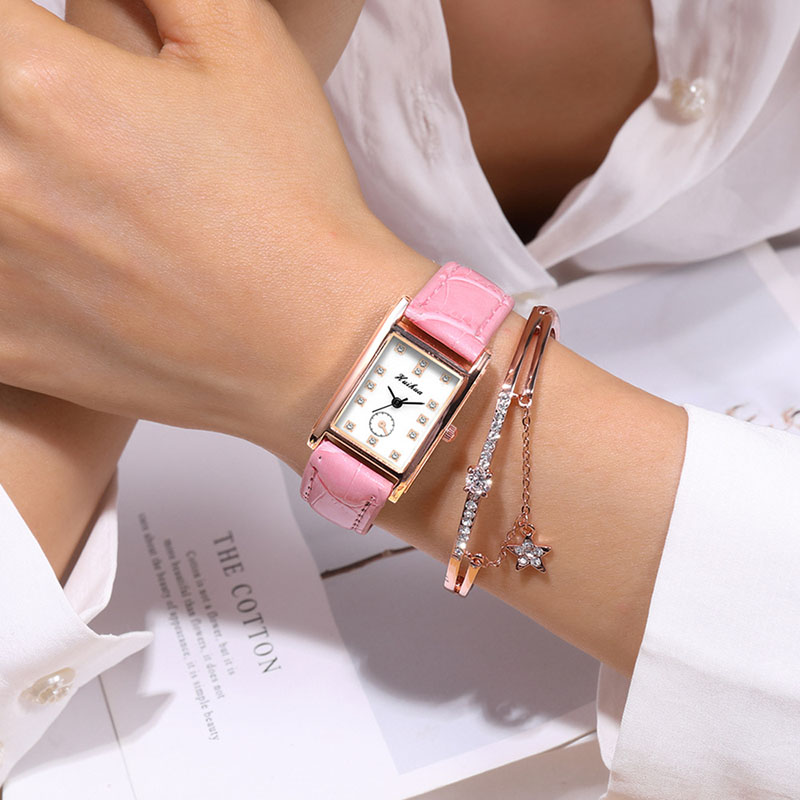 Reloj de correa de cuero fino para mujer, pulsera de mano rectangular con diamantes de imitación, a la , para estudiantes