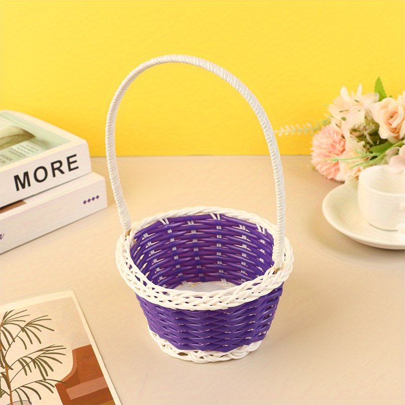 Plastic Rattan Woven Blue Easter Egg Basket Round Storage Basket Home Basket: PURPLE