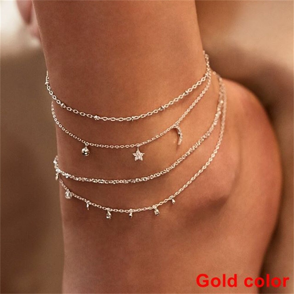 EN Female Gold Color Round Pendant Anklets For Women Pearl Bead Chain Ankle Bracelets Girls Barefoot on Leg Chain Beach Jewelry: ENS1970001774