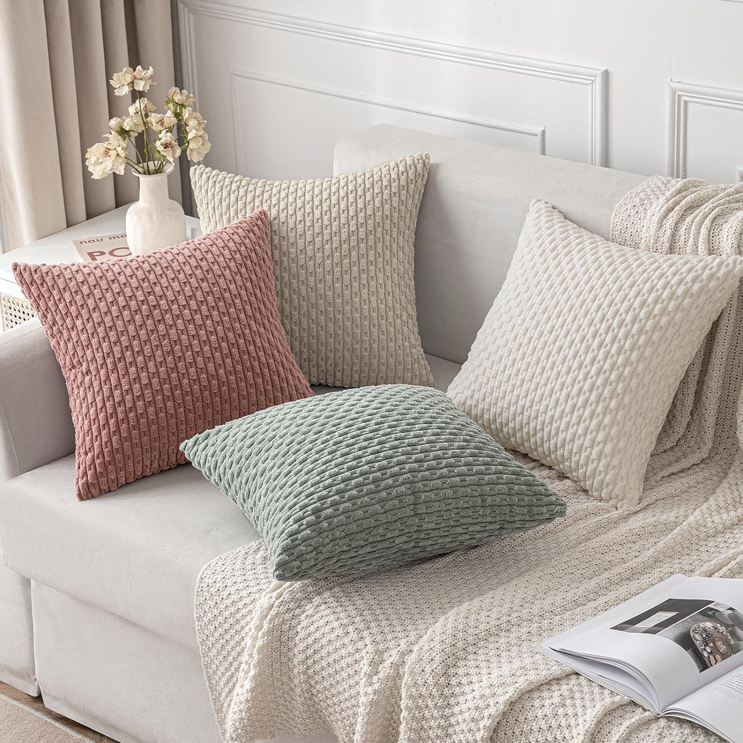 Housse de coussin rayée taies d'oreiller en velours côtelé vert oreillers décoratifs pour canapé 18x18 pouces jeter oreiller ferme décor à la maison 1 pièces