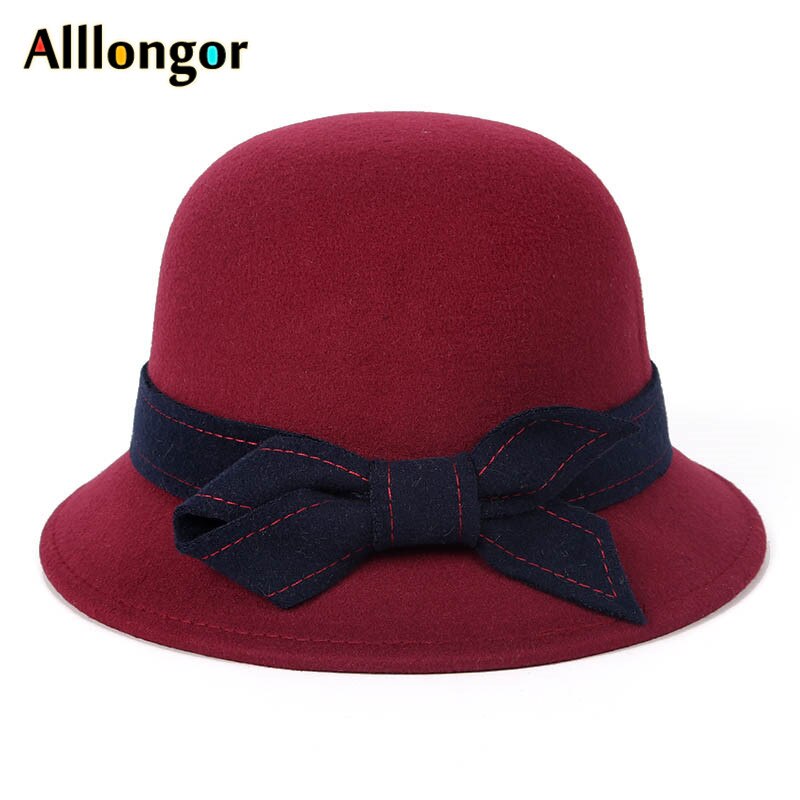 Efterår vinter derby hat kvinder sløjfe massiv grå sombrero mujer fedora hat damer formel vintage uld filt bowlerhat: Rødvin