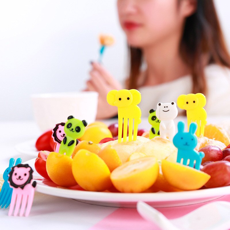 10 stk / pakke plastik sikker tegneserie dyr frugt gaffel mini børn bordservice snack frokost mad dessert børn plukker fest dekoration