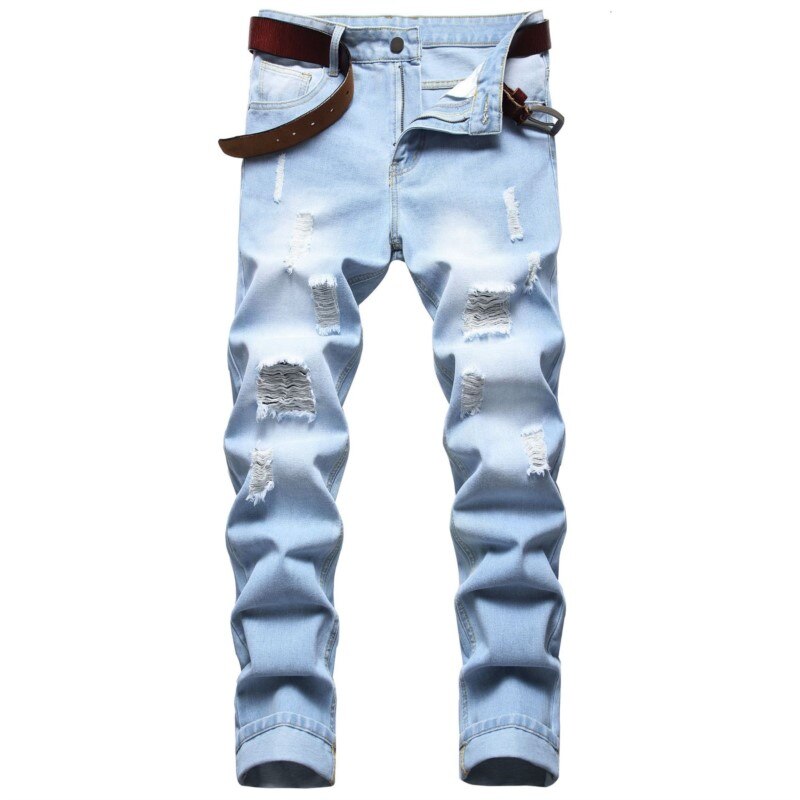 Pantalones vaqueros rasgados de estilo urbano para hombre, Jeans lisos lavados de estilo Vintage, informales, ajustados, azul claro