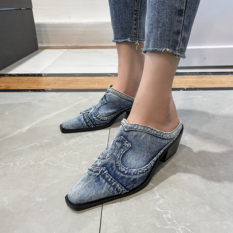 LazySeal-Zapatillas de tela vaquera con tacón cuadrado para mujer, zapatos informales, puntiagudas, sin cordones, para otoño