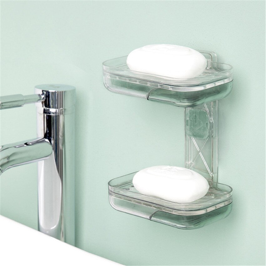 Transparent Laundry Soap Holder Case Wall Mounted Suction Cup Soap Dishes, Double Layer Bathroom Drain Soap Box Tray Shelf