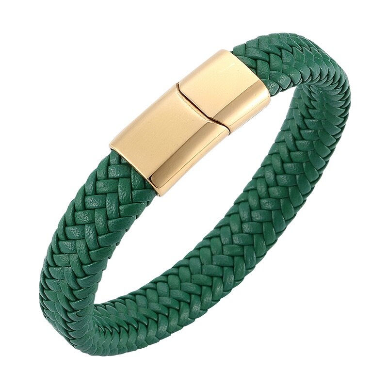 Men Jewelry Green Braided Leather Bracelet Stainless Steel Magnetic Clasp Punk Bangles Male Wrist Band S0016: Gold Clasp / Wearing length 185mm