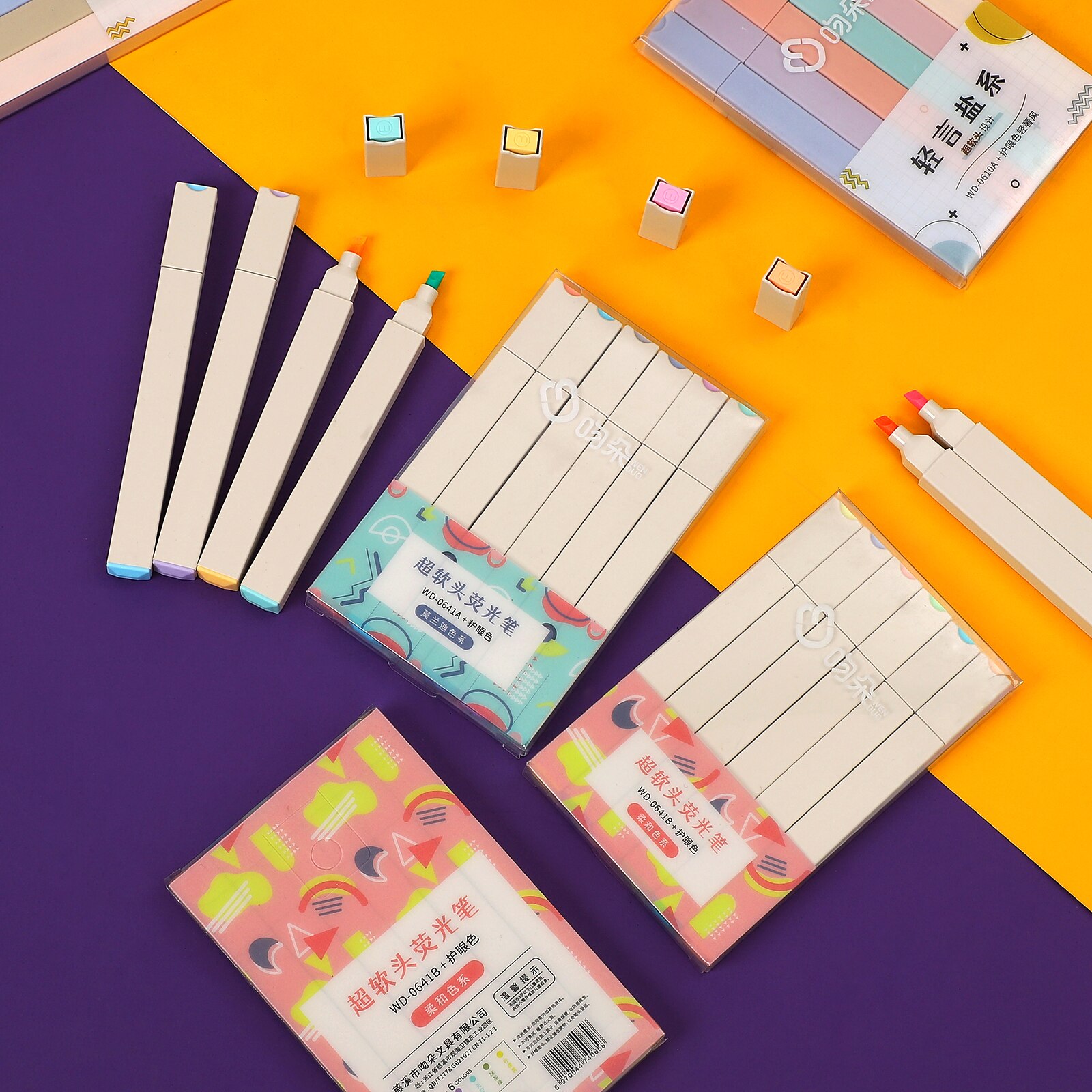 Resaltadores de punta suave Multicolor, marcador de diario Kawaii Simple, pintura linda, pluma fluorescente, papelería, 6 unids/set por juego