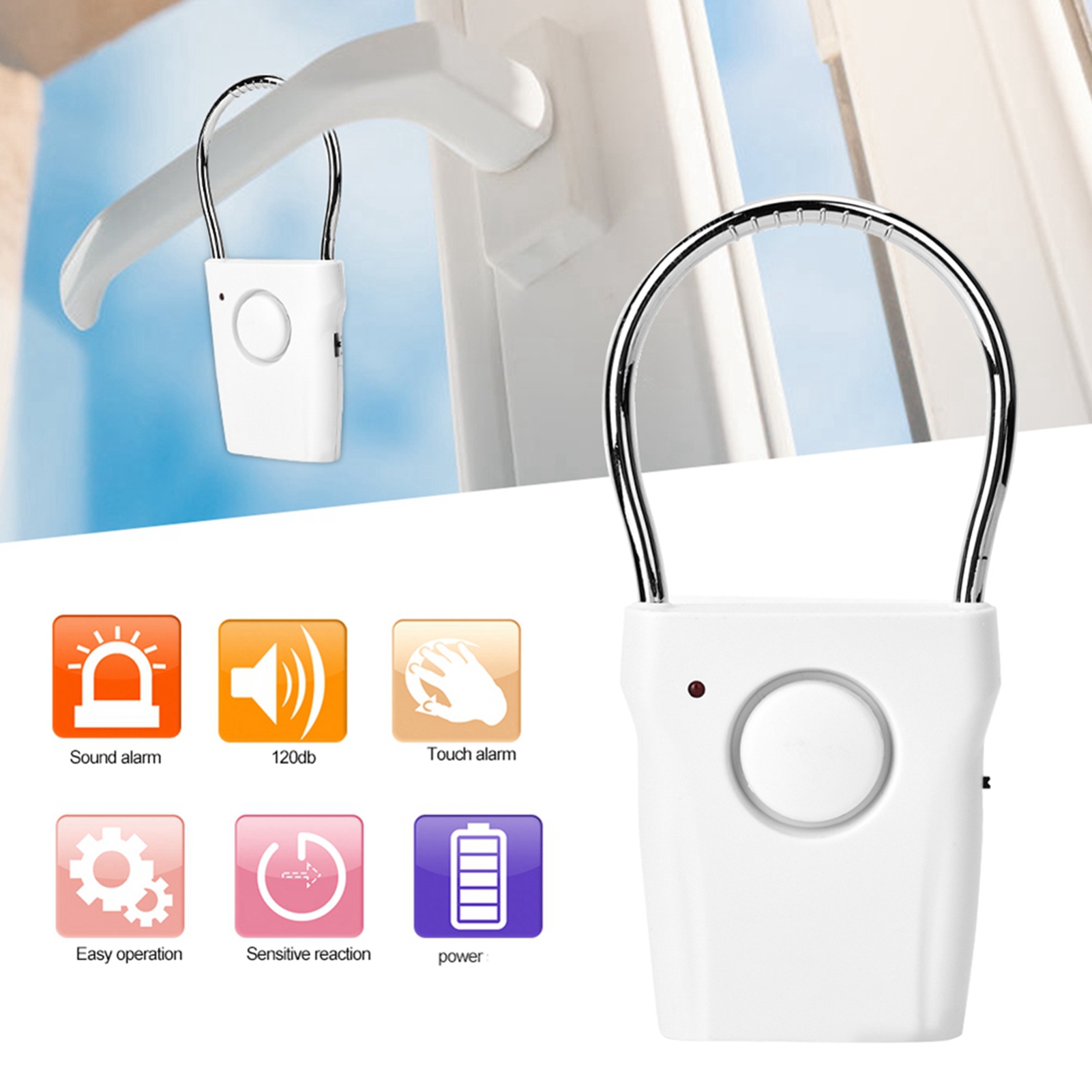 ​120dB Touch Sensor Door Handle Alarm Portable Anti Theft Vibration Window Burglar Alert Home Security