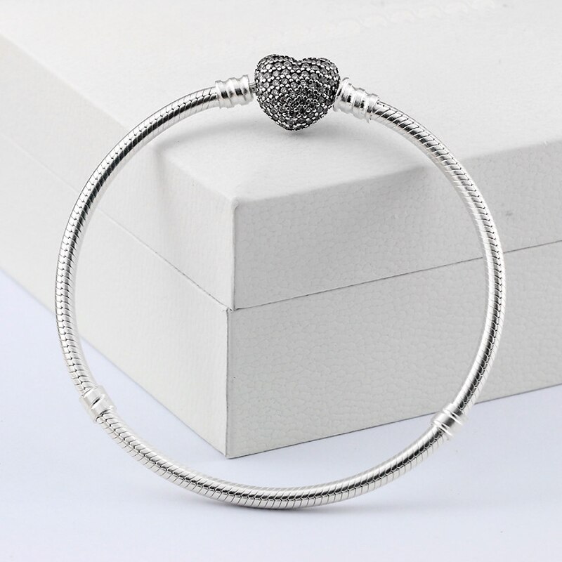 Moments originaux pavé coeur fermoir avec Bracelet en cristal Bracelet en forme de perle en argent Sterling 925 Bracelet à breloques bricolage bijoux fins