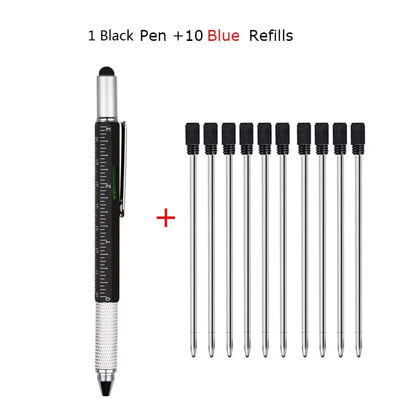 6 In 1 Multi Tool Pen Multifunction Screwdriver Precision Ruler Caliper Ballpoint Pens for Phone Touch Creativity Level Meter: 1 Black 10 Blue ink
