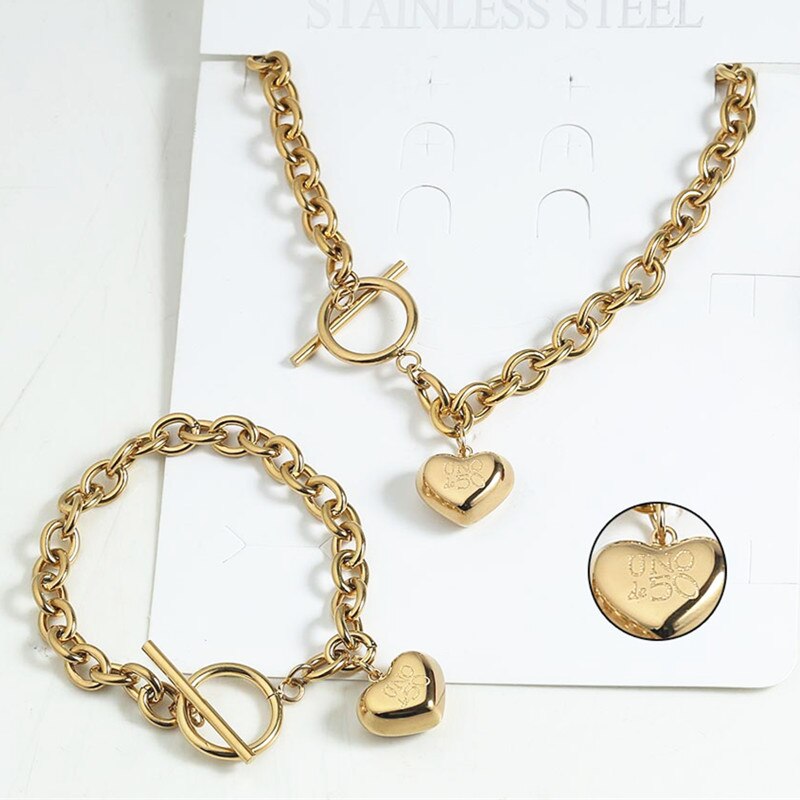 femmes hommes couleur argent or acier inoxydable serrure ronde clé Uno 50 boule perle Bracelet collier ensembles de bijoux: 15