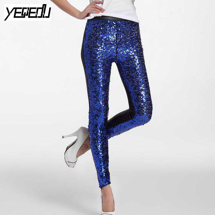 #0503 vår sommar punk pu paljetter leggings paljett byxor elastisk hög midja sexig klubb konstläder glänsande silver/guld/röd