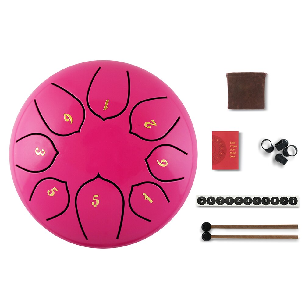 Tongue Drum 6 Inch Steel Tongue Drum Set 8 Tune Hand Pan Drum Pad Tank Sticks Carrying Bag Percussion Instruments Accessories: Pink