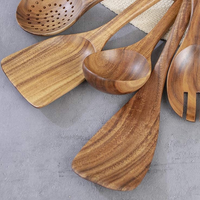 Kjøkkenutstyr av tre til kjøkken, med oppbevaringsbøtte, for matlagingsverktøy for nonstick kokekar, naturlig teak tre ,6 stk