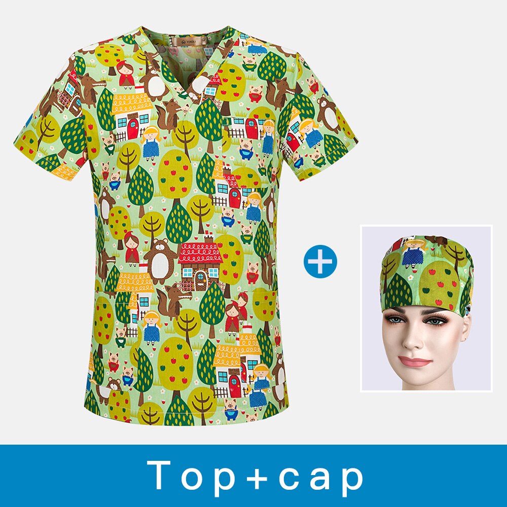 Ren bomuld print behagelig åndbar spa uniform scrub dame arbejdstøj top + justerbar tegneserie tryk scrub cap: Tophætte / S