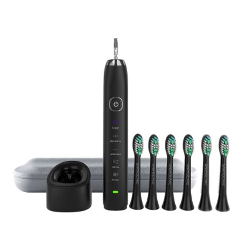 Sarmocare S100 Ultrasonic Sonic Electric Toothbrush LED indicator toothbrushes IPX7 Waterproof 5 models Wireless rechargeable: black and 6 heads