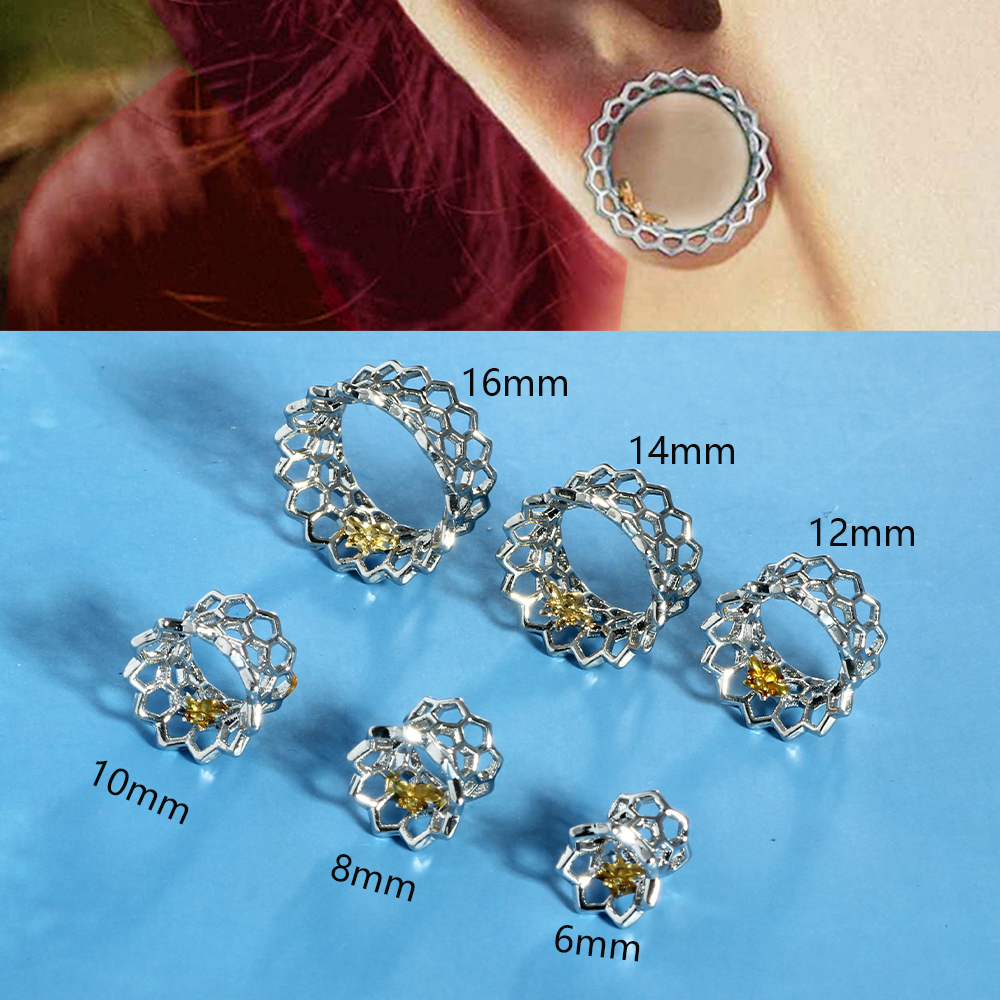 Cool Ear Plugs Tunnels Expander Double Flare Brass Earlobe Tunnels Stretcher Earrings Body Piercing Gauges for Ears Bee Flower: PURPLE / Rhodium Plated