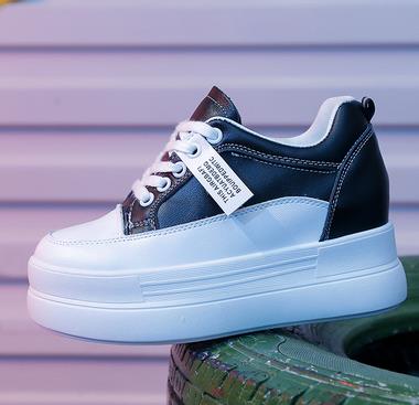 Verborgen Hakken Vrouwen Platform Wedge Sneakers Dames Lederen Witte Schoenen Vrouwelijke Krasovki Tenis Feminino Casual 8cm Hak: Black / 6