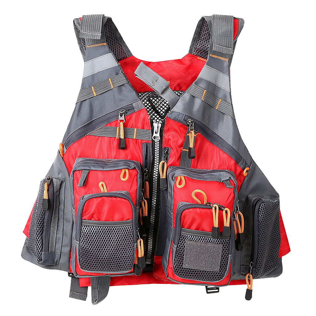 Chaleco de malla para pesca con mosca Multi-bolsillo, Chaleco de pesca con aparejos de trucha, chaleco de pesca para mujeres, hombres, pescador, fotógrafos, líderes: Rojo