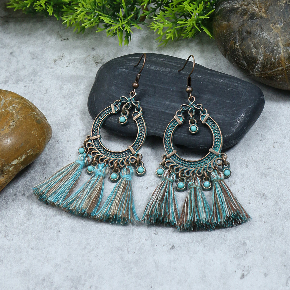 Pendientes bohemios étnicos Vintage de Color bronce para mujer, aretes colgantes geométricos de flor tallada en piedra azul clásica, joyería Jhumka: Marrón