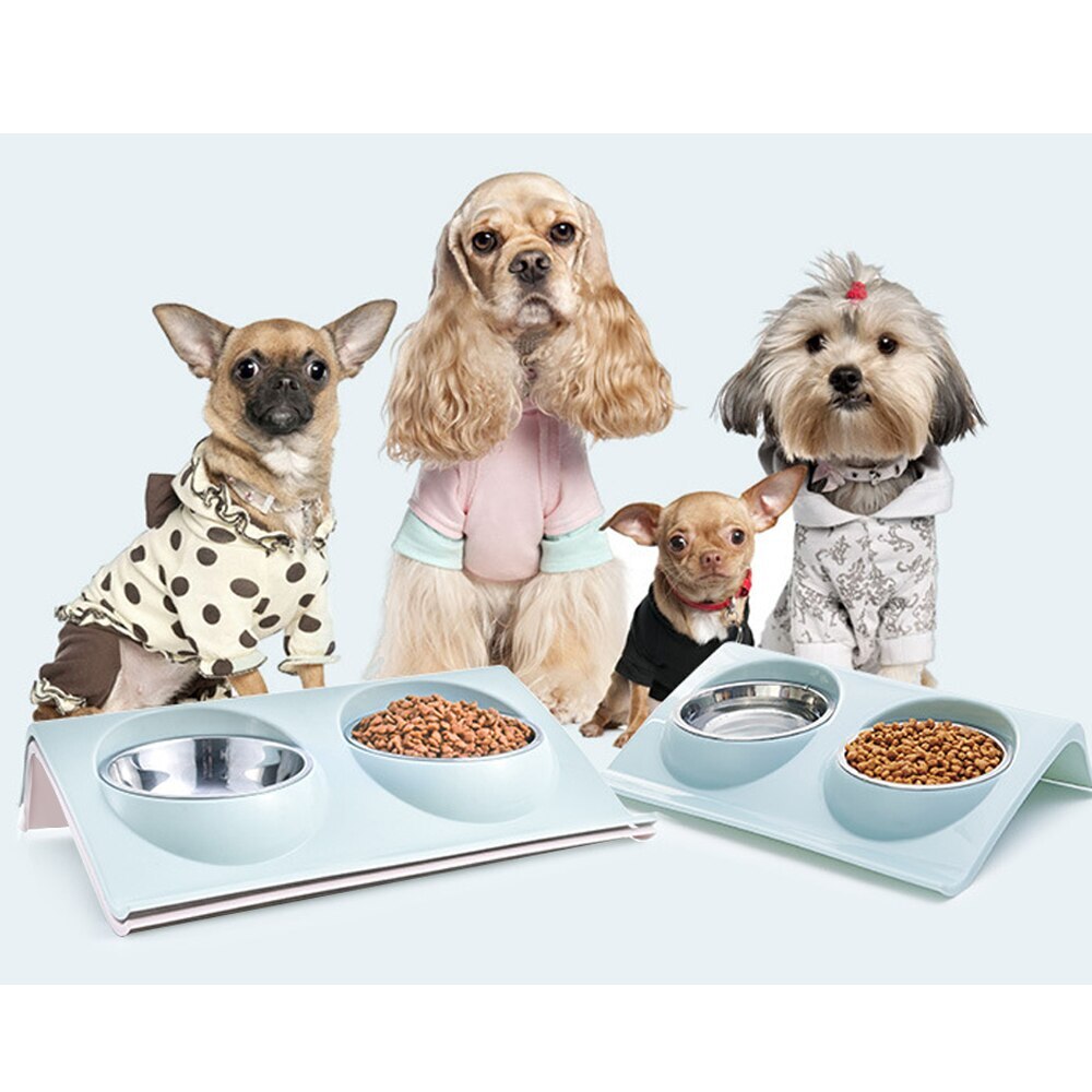 Doppel Pet Schalen Hund Lebensmittel Wasser Feeder Edelstahl Pet Trinken Feeder Dish Katze Welpen Fütterung Lieferungen Hund Zubehör #2 ^ 1