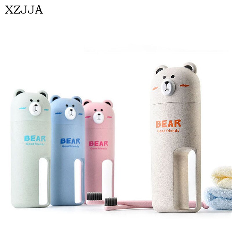 XZJJA Wheat Straw Cute Bear Bathroom Accessories Sets Travel Wash Cup Set Portable Toothbrush Toothpaste Box Wash Gargle Suit
