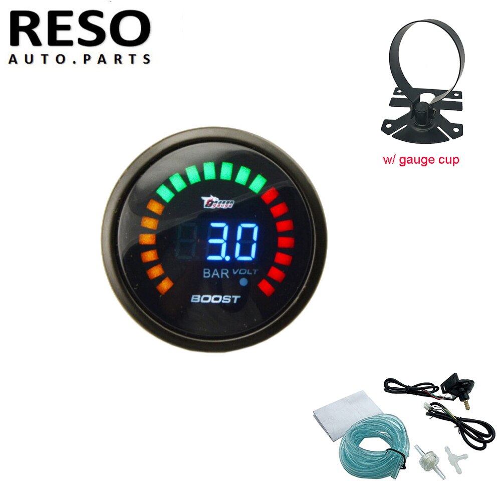 Reso-52 Mm 0-3 Bar 12V 20LED Turbo Boost Gauge Auto Meter Met Pod Mount Houder/Universal Single Gauge Cup Auto: Black