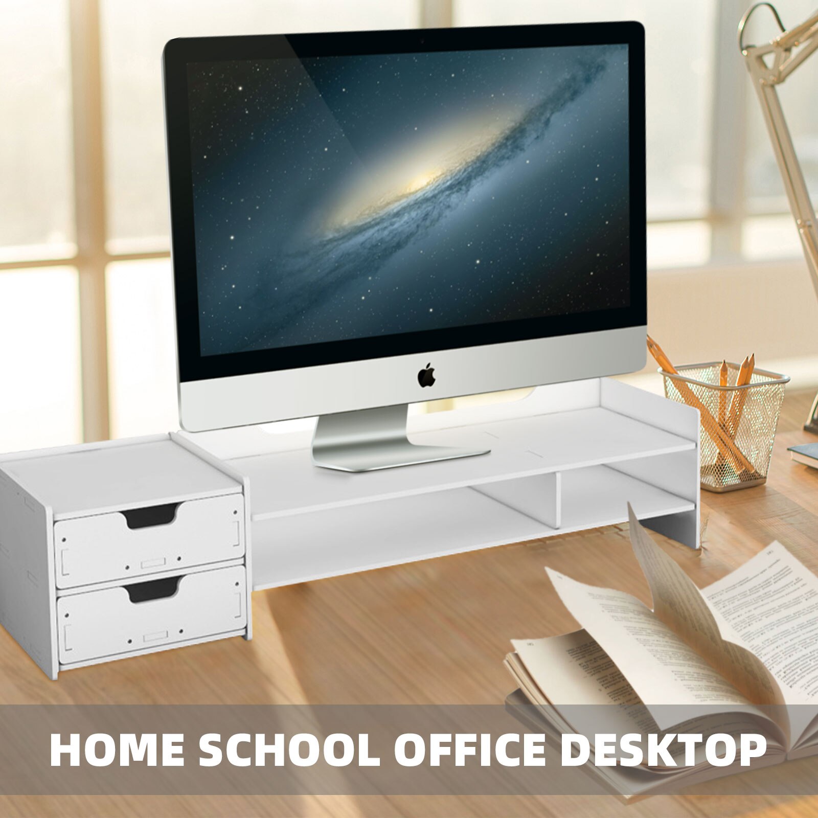 Besegad PC Computer Monitor Stand Riser Laptop Holder Wooden Desk Organizer Shelf with Double Drawer for School Office Desktop