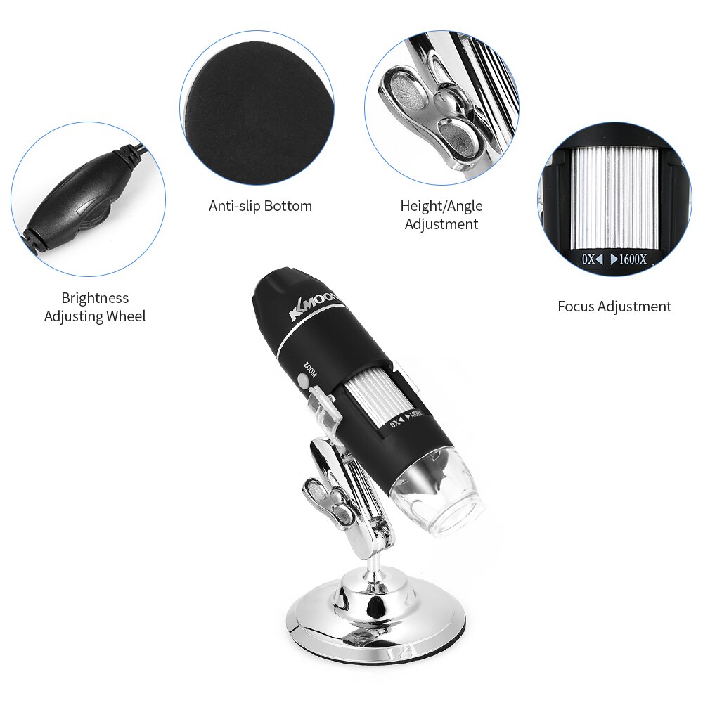 KKmoon USB Digital Microscope with OTG Function 1600X Magnification Endoscope 8-LED Light Magnifying Glass Magnifier with Stand