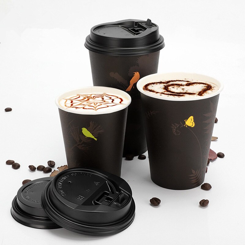 50 st engångs kaffekopp 8oz/12oz/16oz dricka juice mjölk te takeaway förpackningar muggar med lock fest bröllop favorit pappersmugg