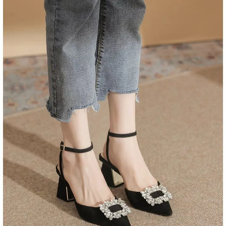 Ankle Strap Crystal Sandals for Women Pointed Toe High Heels Sandalias De Mujer Shiny Rhinestones Square Heeled Pumps: black / 35