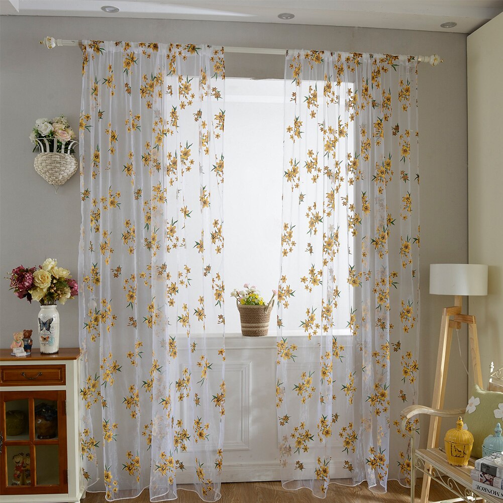 Sheer Curtains Floral Printed Semi-Transparent Curtains Eyelet Voile Floral Curtains For Home Living Room Decor Yellow 100x200cm