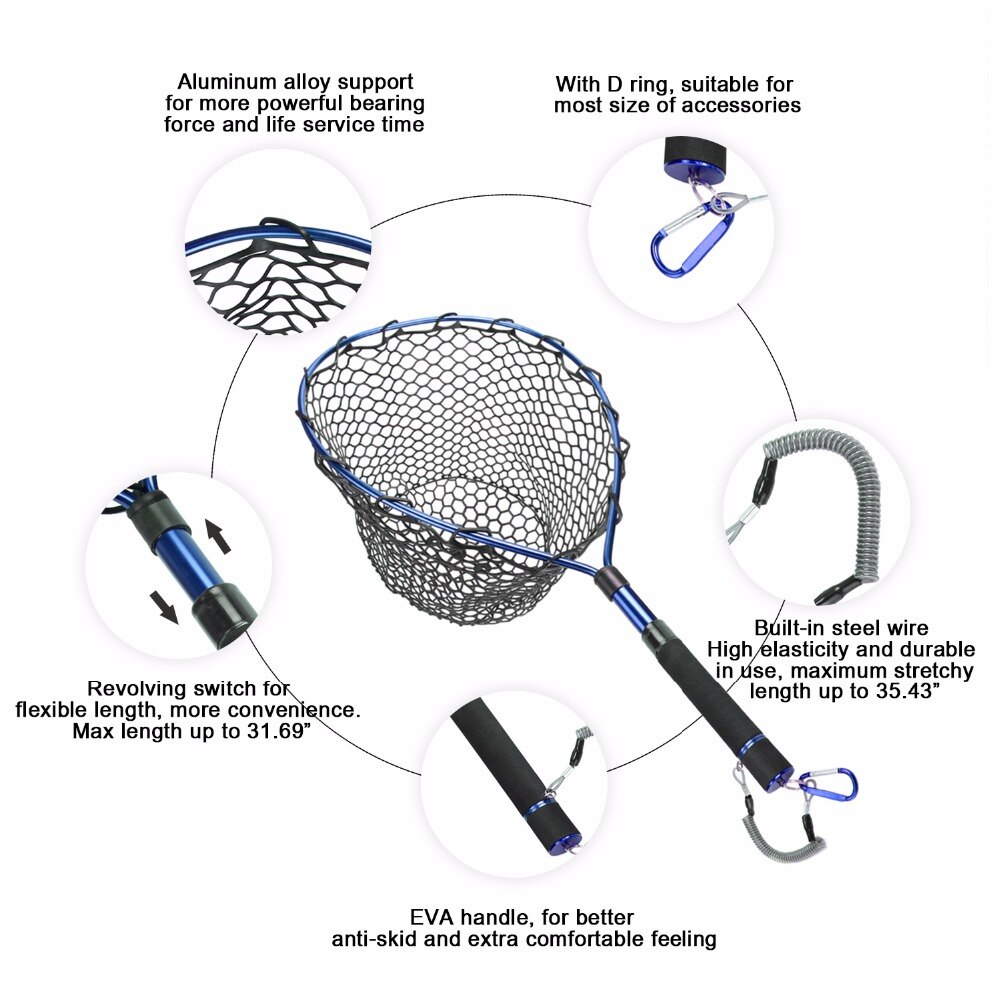 Goture Telescopic Fishing Landing Net Aluminum Alloy Frame Brail Small Rubber Mesh Magnetic Clip Lanyard Fly Fishing Net
