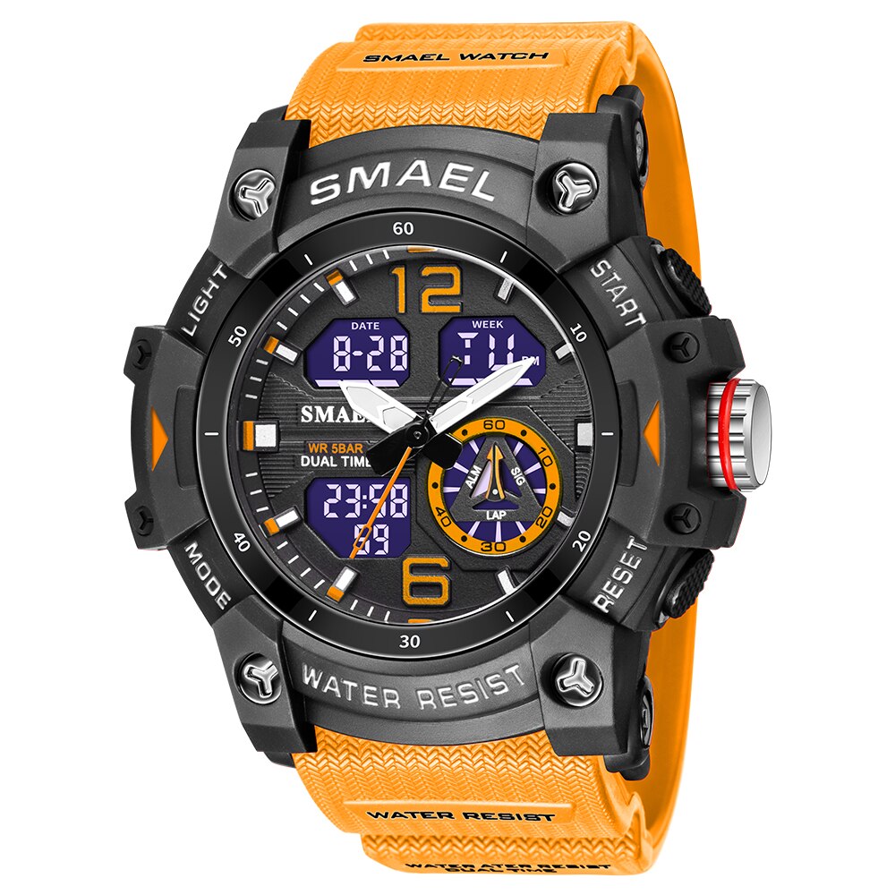SMAEL – montre de sport pour hommes, double affichage LED, numérique, Quartz, étanche, chronomètre pour étudiants, horloge pour jeunes: orange