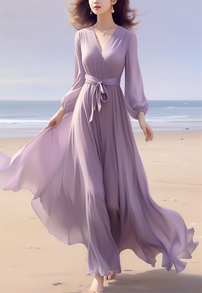Women High-end Dress Chiffon Dress Seaside Vacation Waist Cinching Fairy Long Dress Spring Long Sleeve Dresses Female Lace-Up Dr