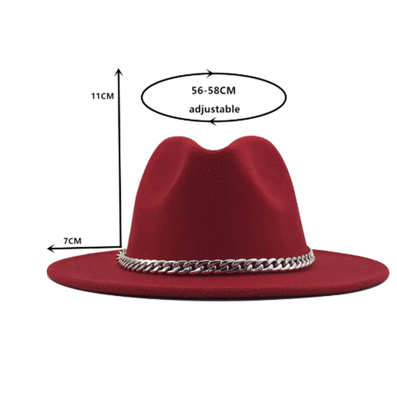 Fedora hat med bred kant rand lmitation uldfilt hatte med metal kæde indretning panama fedoras chapeau sombrero: 8