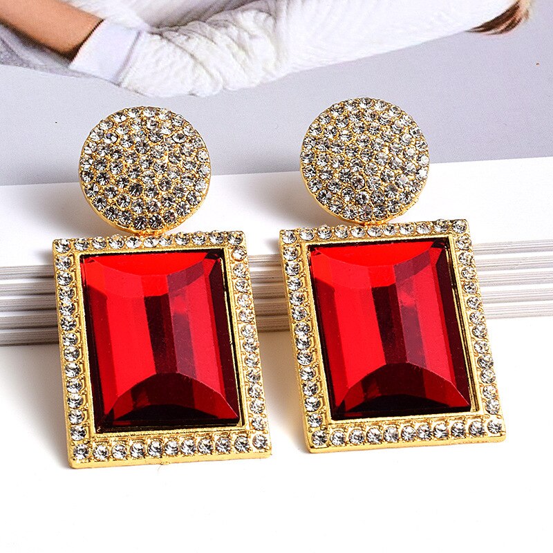 Exknl Luxury Dangle Long Earrings Women Party Square Statement Boho Shiny Crystal Big Earrings Wedding Jewelry