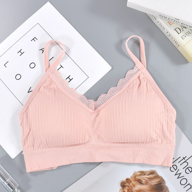 CHRLEISURE Thread Sling Bralette No Rims Leisure Lace Bra Elastic Gather Fitness Bra Push Up: Pink