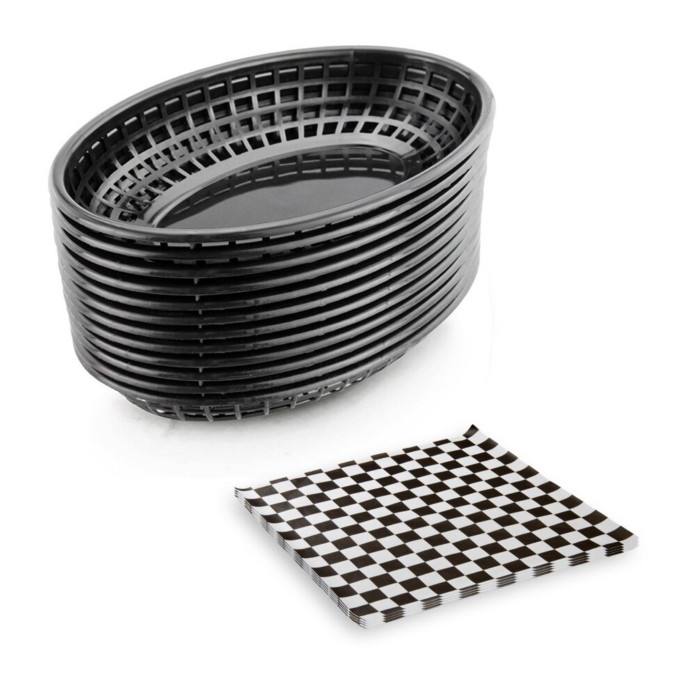 12 st plast oval mat servering korg och 24 st burger omslagspapper pommes frites korg plast picknick tallrik brödpapper